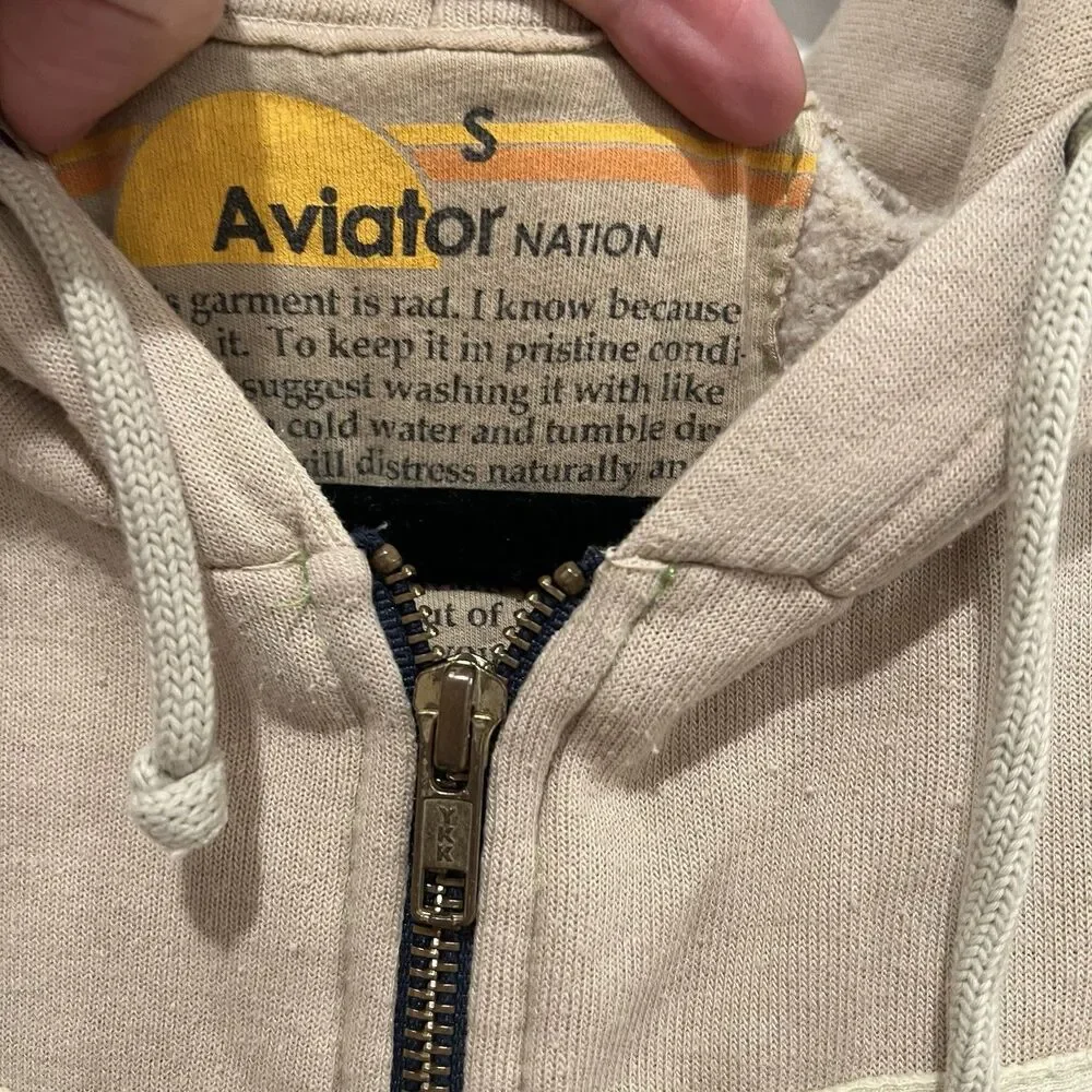 Aviator Nation 5 Stripe Hoodie Sweatshirt Small Full Zip Sand Tan - Picture 6 of 15